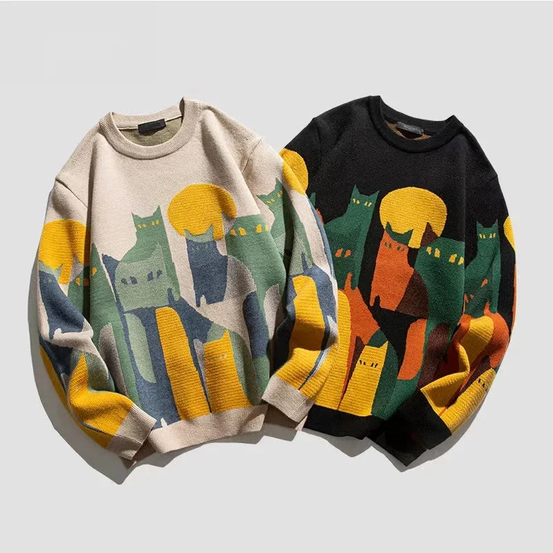 2024 Autumn Knitted Sweater Men Women Winter Harajuku Cartoon Full Cat Print Pullover Vintage Causal Loose Sweaters Streetwear