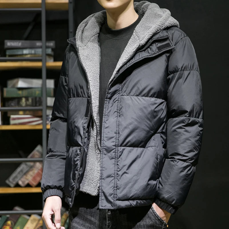 Thicken Warm Cotton Hooded Parka for Men High Quality Winter Outdoor Windproof Jacket in Black Fashion Style