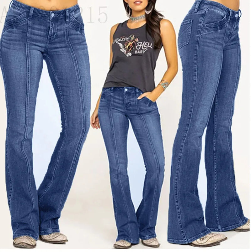 Women's Retro Washed Low Waisted Flared Jeans Casual Wide-leg Pants Female Denim Street Bottoms