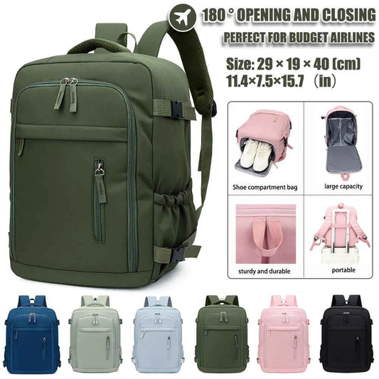 180 °   Open Cabin Backpack, Airline Approved Carry on Nylon Bag with Shoe Compartment for Flight, Business & Weekend Trips