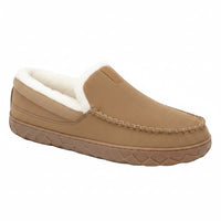 Tan slipper with white lining on a white background