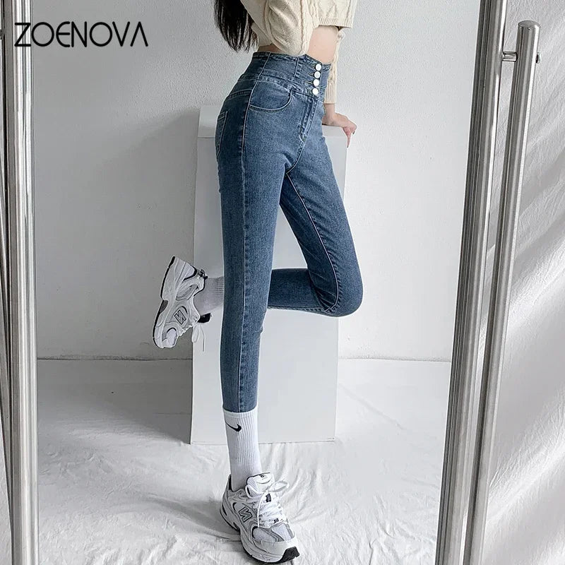 ZOENOVA  Skinny Pencil Jeans Four Buttons Vintage High Waist Women Slim Stretch Denim Pants Tight Trousers 2022 Women's Pants