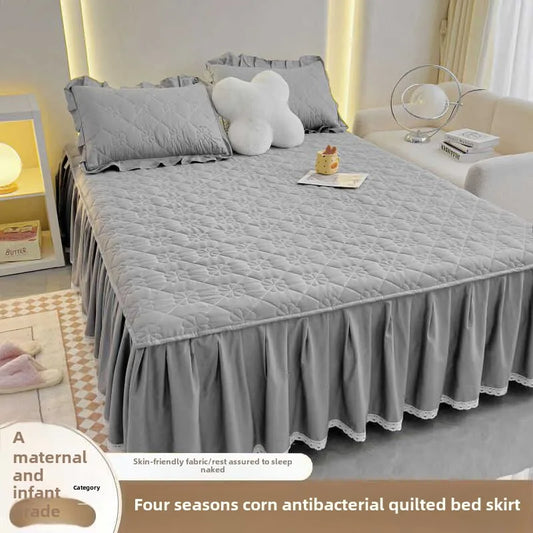 Thickened Cotton Bed Skirt Anti-Slip Three-Piece Set for Queen Size – Versatile Pure Color Bed Cover for All Seasons