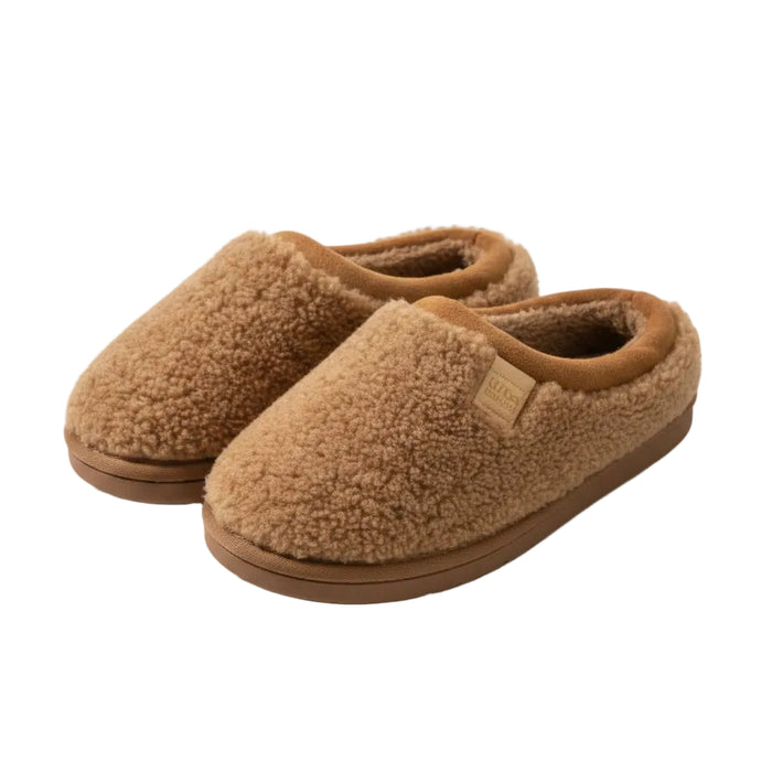 Three pairs of cozy fuzzy slip-on slippers in warm brown tones, arranged on a clean off-white background.