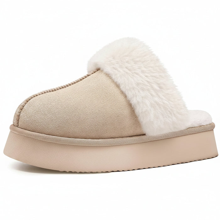 Beige slipper with white fur lining on a white background