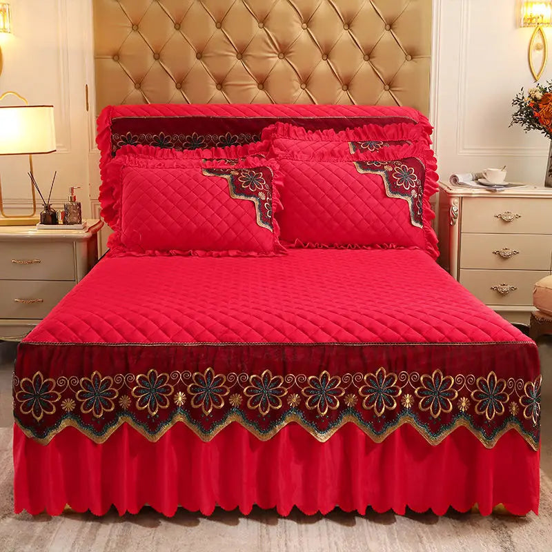 European Luxury Quilted Bed Skirt - Thicken Velvet King Size Winter Bedspread