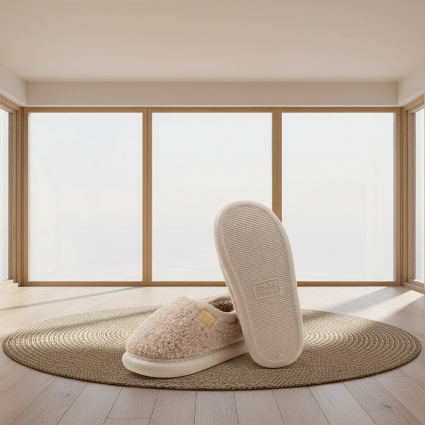A pair of beige sherpa slip-on slippers shown on a light cream background, with one slipper displaying its textured sole and the other showing the plush interior and a small tan brand tag.