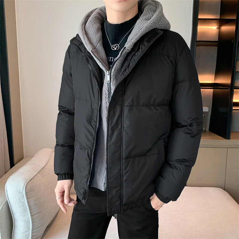 Thicken Warm Cotton Hooded Parka for Men High Quality Winter Outdoor Windproof Jacket in Black Fashion Style