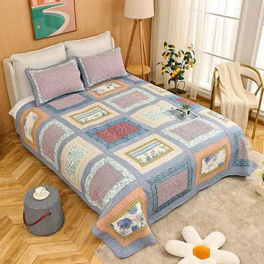 Handmade Patchwork Printed Bedspread 3 Piece Quilt Set 100% Cotton All Season Lightweight Summer Thin Comforter Machine Washable