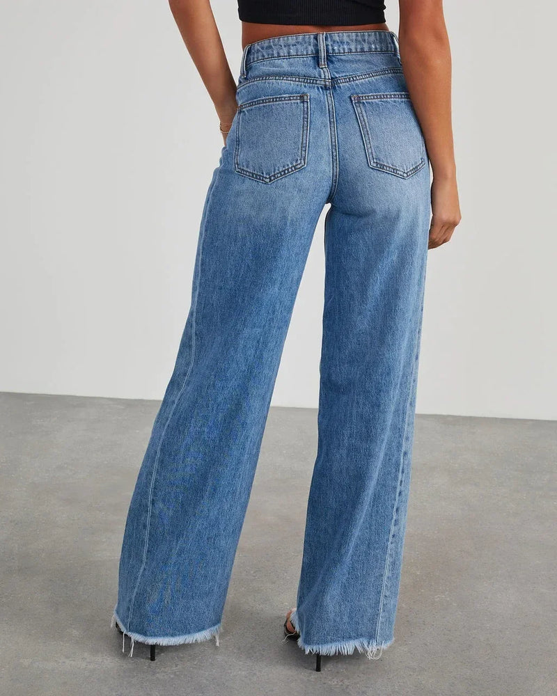 Wide Leg Pants Women Splice Casual Loose Jeans Pockets Button Mid Waist Regular Straight Denim Long Trousers