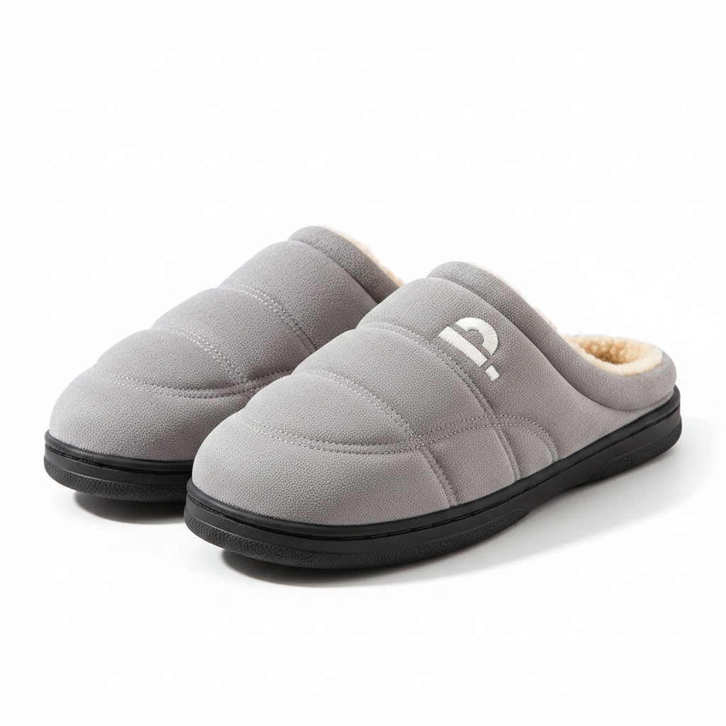 Gray slippers with fluffy interior on a wooden floor