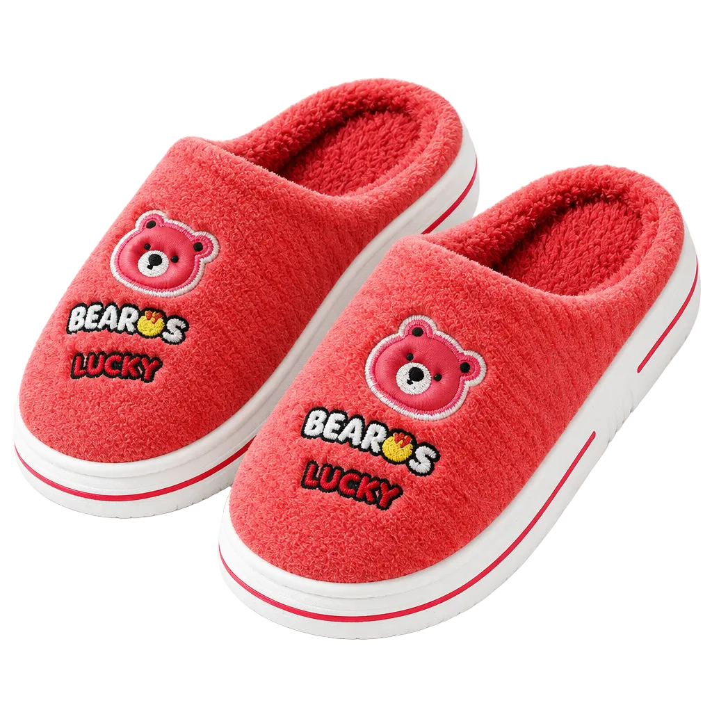 A pair of red plush slip-on house slippers with embroidered cartoon bear faces and the words 'BEAR'S LUCKY' on the front, shown on a clean white background.