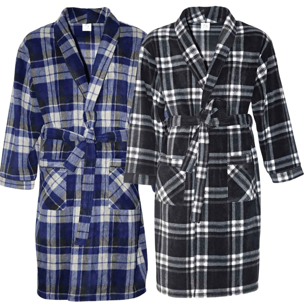 Men's Fleece Dressing Gown - Soft Warm Checkered Pattern