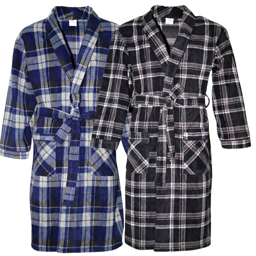 Men's Fleece Dressing Gown - Soft Warm Checkered Pattern