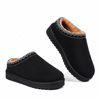 A pair of black slip-on mule slippers with a tan fleece lining and white zigzag stitching around the collar, shown on a clean white background.