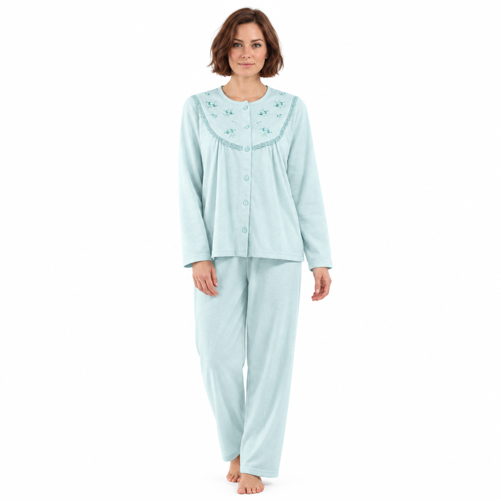 Women’s Brushed Pyjama Set with Floral Embroidery, Pink & Aqua