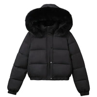 A black puffer jacket with a large black fur-trimmed hood, hanging on a wooden hanger against a light gray wall.