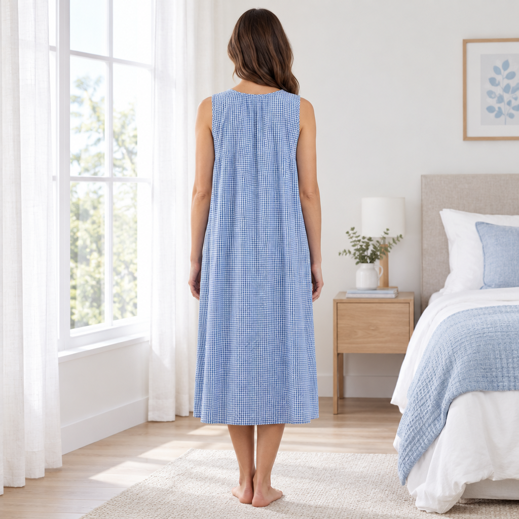 Round Neck Sleeveless Nightdress 110cm in Bleach Denim and Red Violet