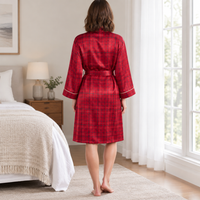 Womens Satin Kimono Bathrobe in Navy Red Check Design