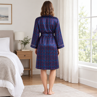 Womens Satin Kimono Bathrobe in Navy Red Check Design