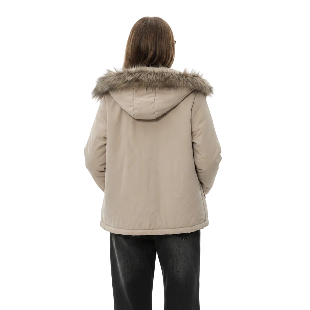 A person shown from the back wearing a light beige puffer jacket with a faux-fur trimmed hood and dark pants, against a plain light gray studio background.