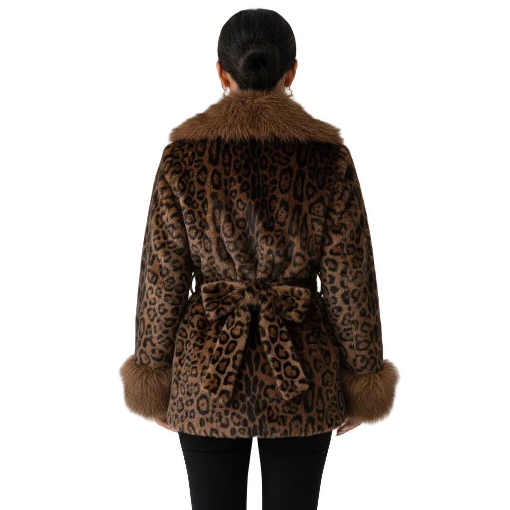 A woman viewed from the back wearing a brown leopard-print faux fur coat with a matching tie belt and faux fur collar, paired with black pants, against a plain white background.
