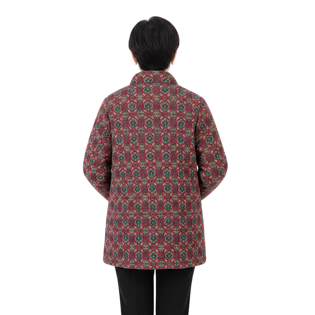 A person shown from the back wearing a patterned quilted jacket with a red base and intricate geometric motifs in green, beige, and blue, paired with black pants, against a plain white background.