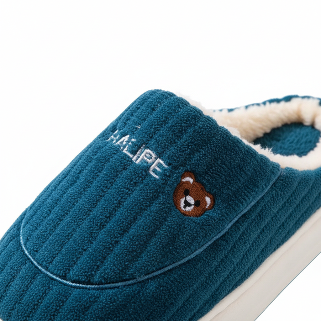 A close-up of a teal blue ribbed fleece slipper with a white sherpa lining, featuring an embroidered white brand name and a small brown bear face on the side.
