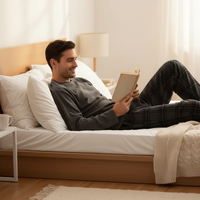 A man in a gray long-sleeve shirt and dark plaid pajama pants relaxes on a bed with white pillows and sheets, holding an open book in a softly lit bedroom.