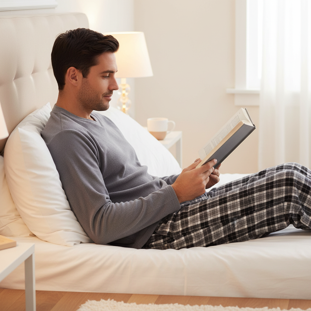 A man in a gray long-sleeve shirt and black-and-white plaid pajama pants reclines on a white bed reading a book in a softly lit bedroom.