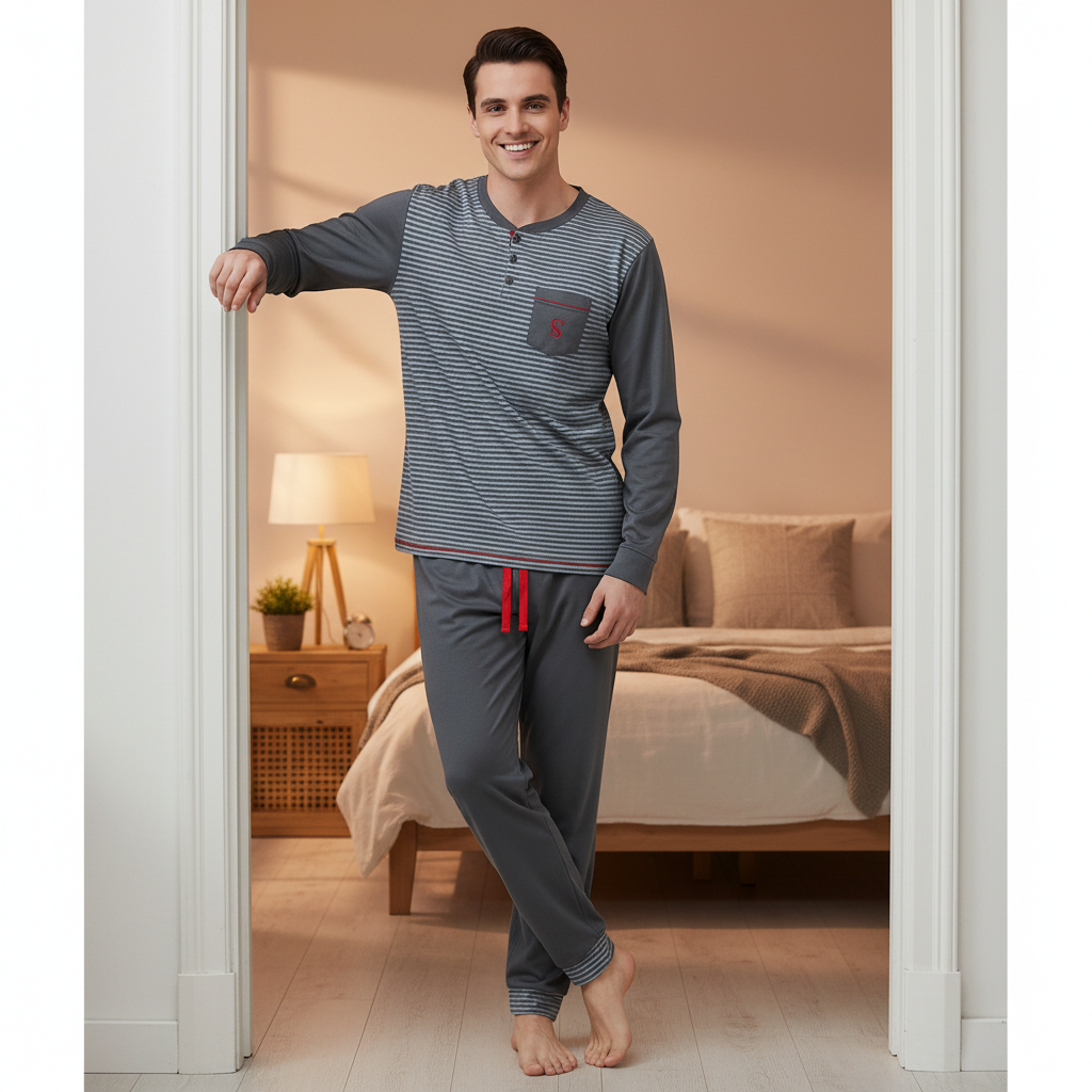 A man wearing a two-piece gray striped pajama set with a red accent stripe and pocket stands in a doorway of a bedroom.