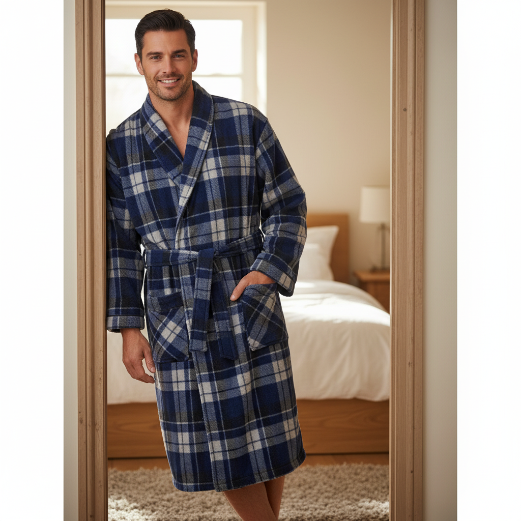 A man wearing a navy blue and gray plaid bathrobe stands in a doorway of a bedroom, with his hand in his pocket.