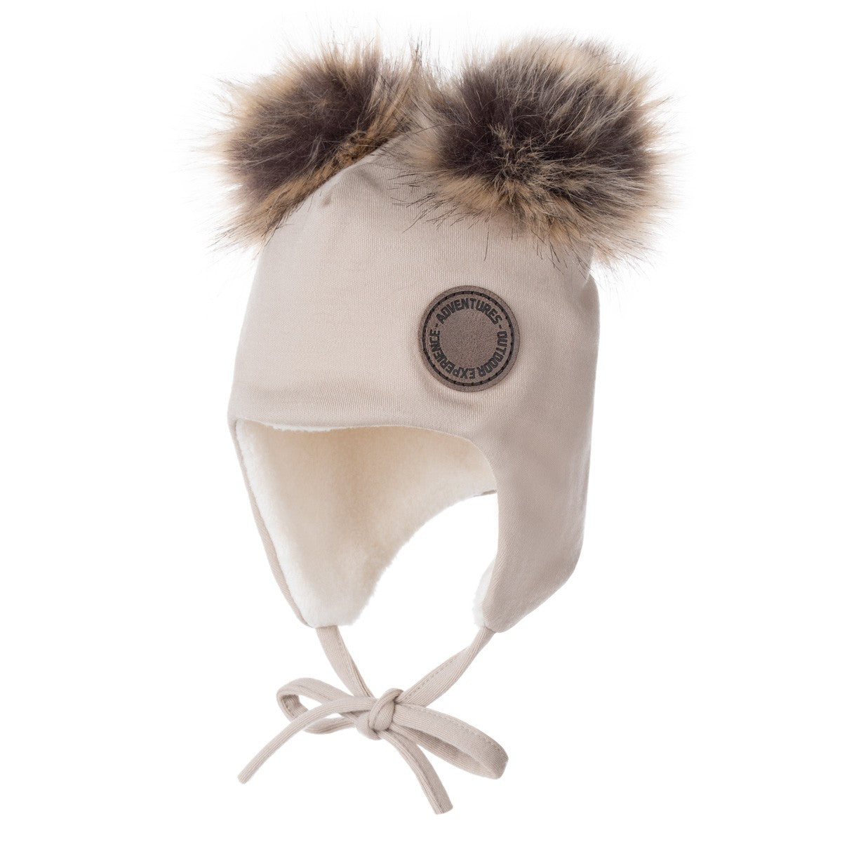 Beige Merino Wool Baby Hat with Faux-Fur Pompoms