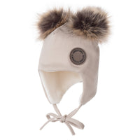 Beige Merino Wool Baby Hat with Faux-Fur Pompoms