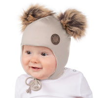 Beige Merino Wool Baby Hat with Faux-Fur Pompoms