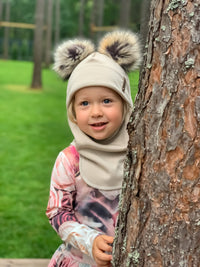 Beige Merino Wool Double Pom-Pom Balaclava