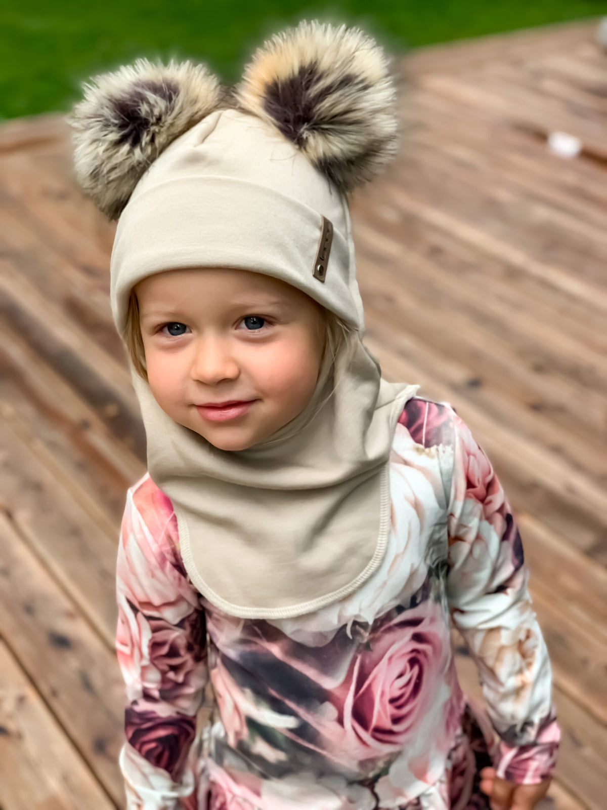 Beige Merino Wool Double Pom-Pom Balaclava
