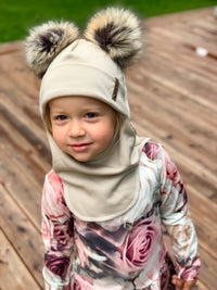 Beige Merino Wool Double Pom-Pom Balaclava