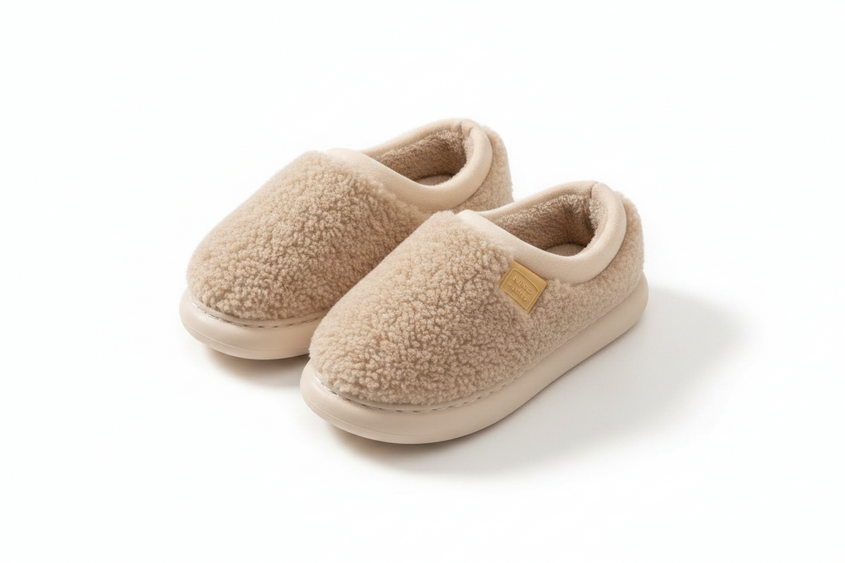 A pair of beige sherpa fleece slip-on slippers with a small tan brand tag on the side, displayed on a clean white background.