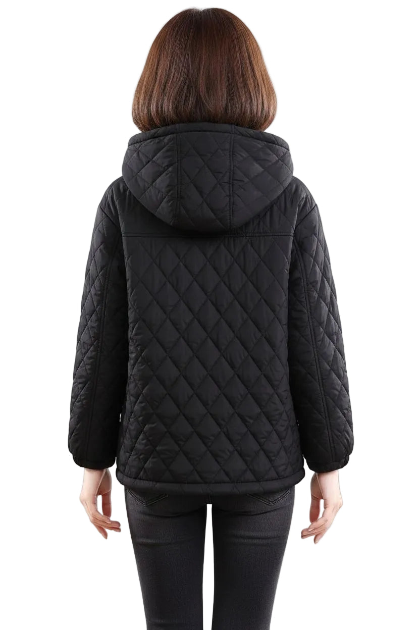 A woman viewed from the back wearing a black quilted hooded jacket and black pants against a plain white background.