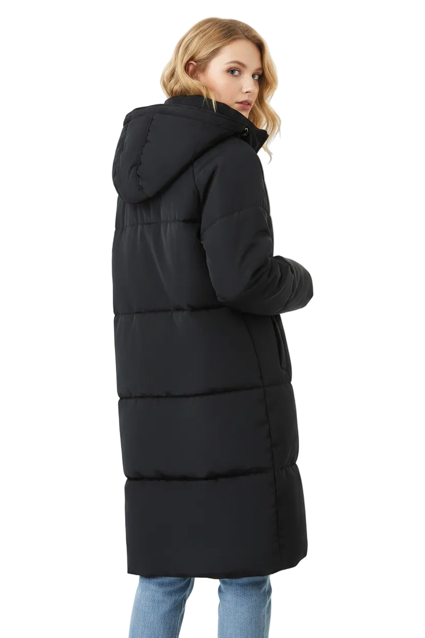 A woman wearing a long black puffer coat with a hood, shown from a three-quarter back angle against a plain white background.
