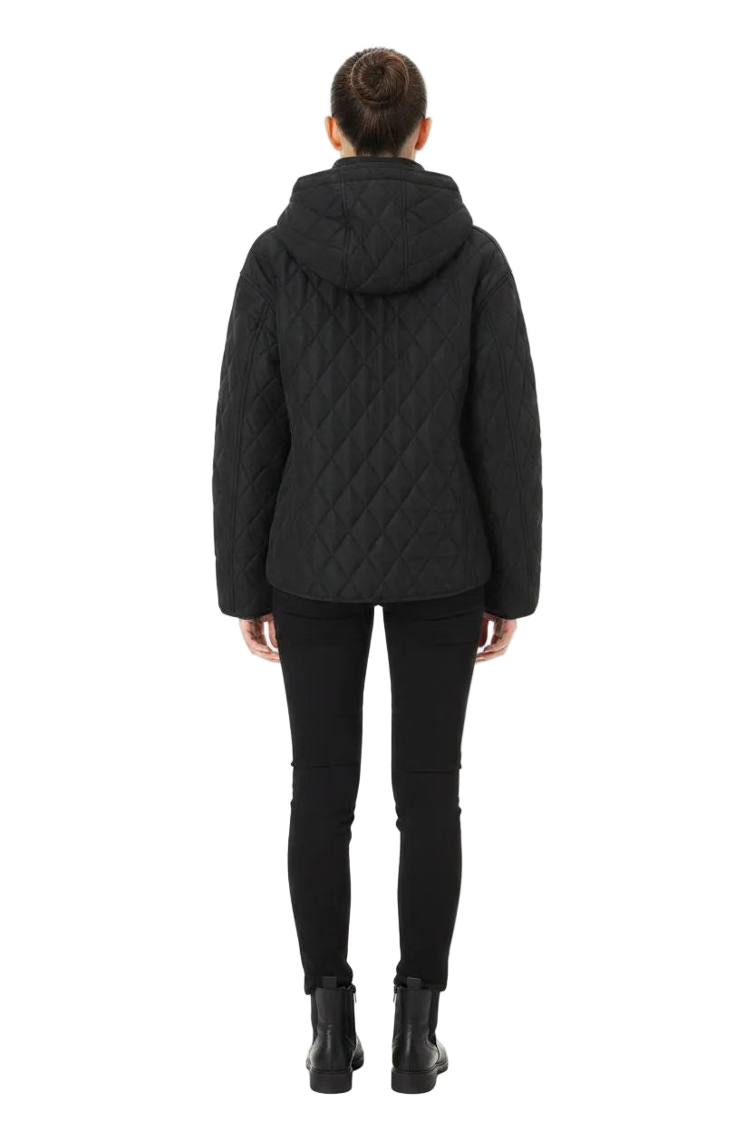 A model viewed from the back wearing a black quilted hooded jacket, black skinny pants, and black ankle boots against a plain white background.
