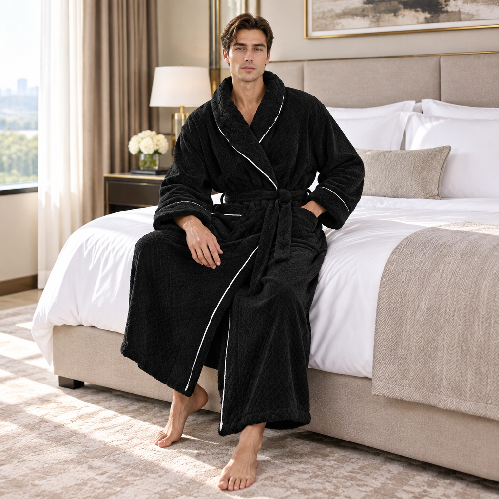 Men's Oversized Fleece Bathrobe - Coral Flannel Kimono Robe for Couples