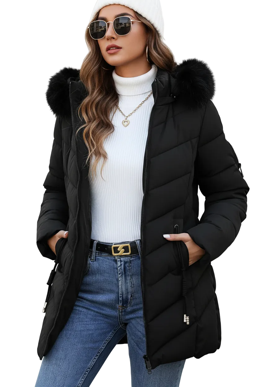 A woman wearing a black puffer jacket with a fur-trimmed hood, a white ribbed turtleneck, blue jeans, sunglasses, and a white beanie, posed against a plain white background.