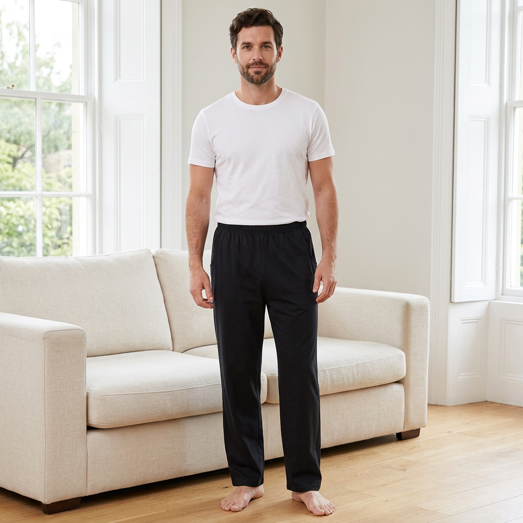 Men's Cotton Pyjama Pants with Pockets and Elastic Waist in Large Size