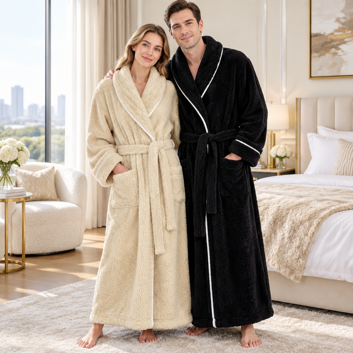 Men's Oversized Fleece Bathrobe - Coral Flannel Kimono Robe for Couples