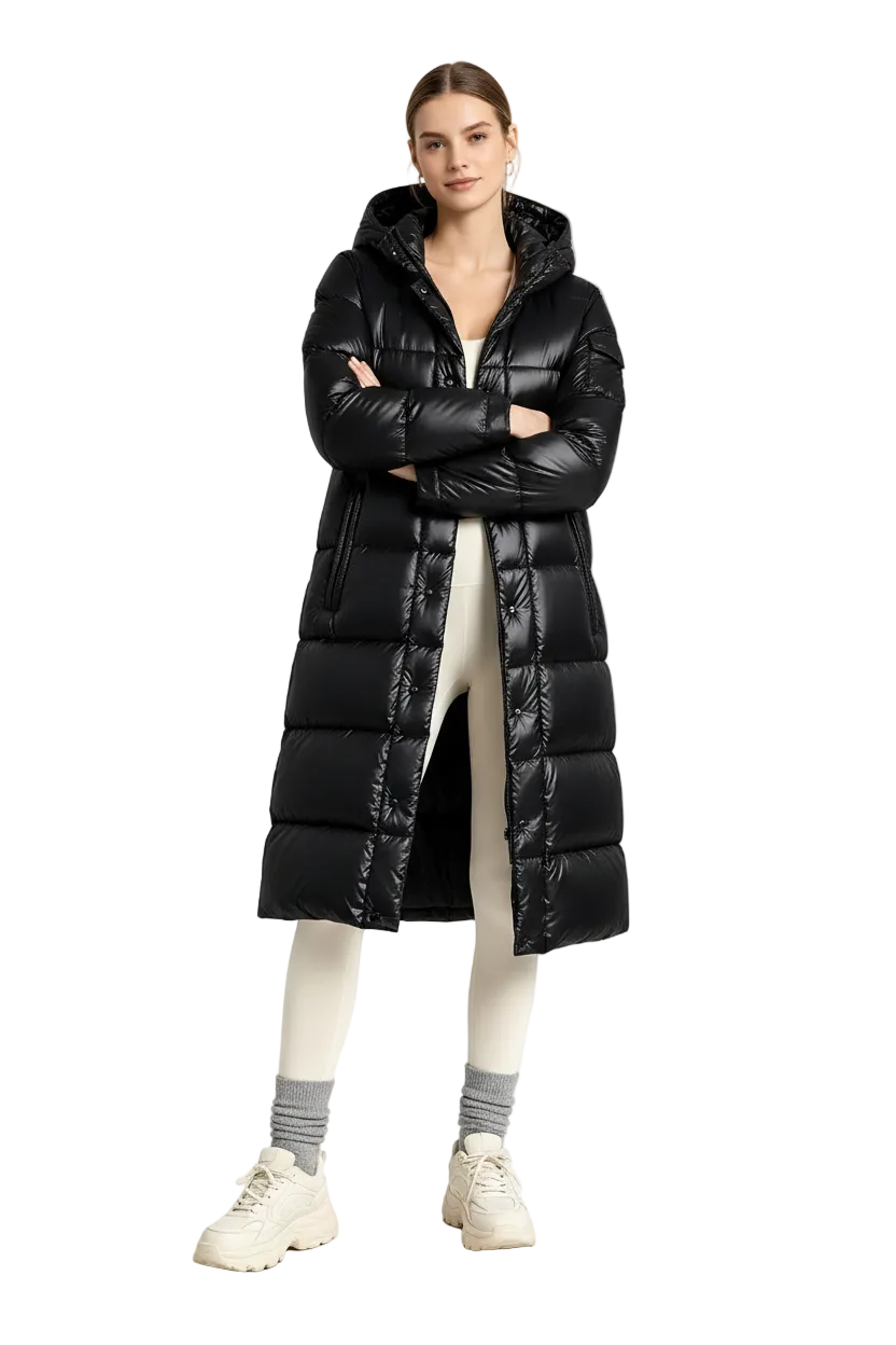 A model stands in a studio wearing a long black puffer coat over cream leggings, gray socks, and cream sneakers.