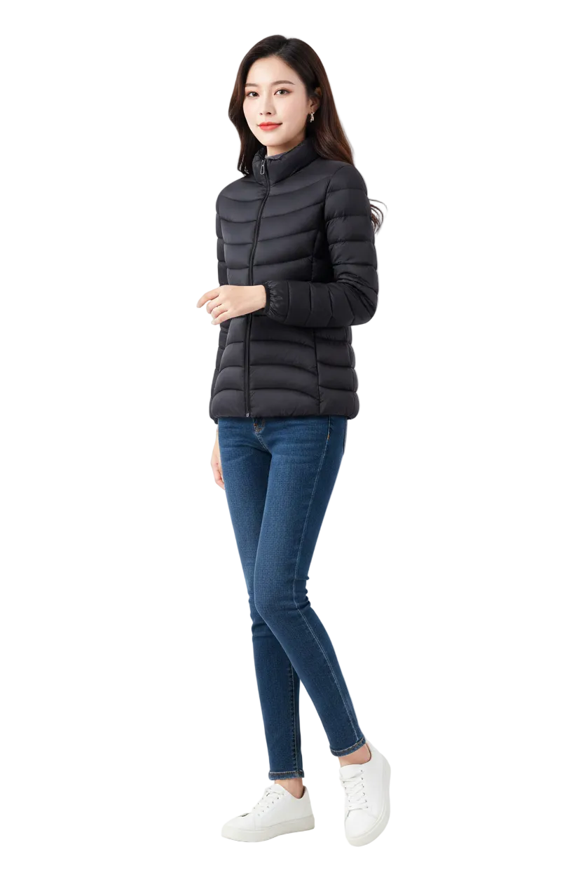 A woman modeling a black puffer jacket, paired with blue skinny jeans and white sneakers, standing against a plain white studio background.