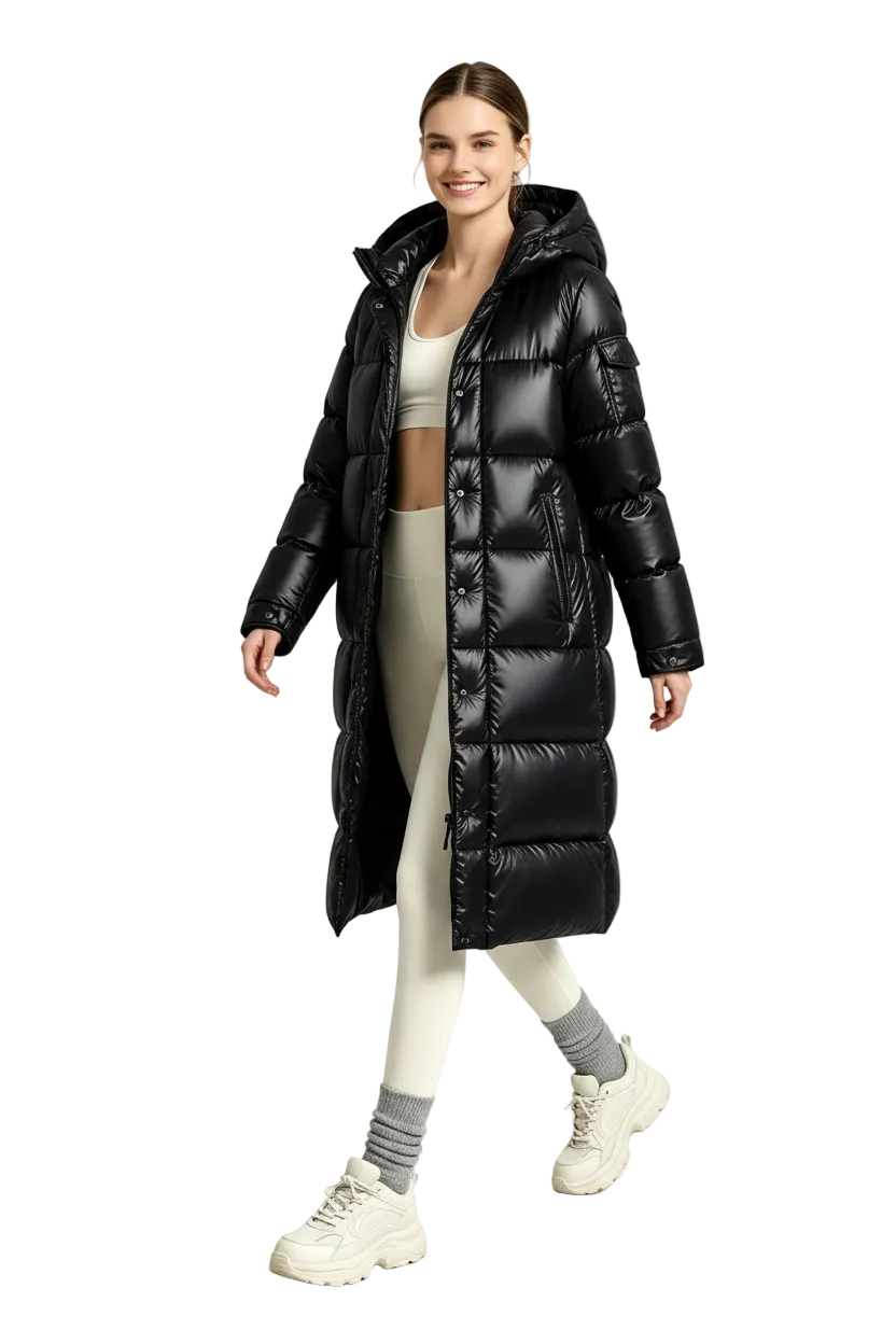 A woman models a long black puffer coat in a bright studio setting. She is wearing a beige sports bra, beige leggings, gray socks, and chunky off-white sneakers.