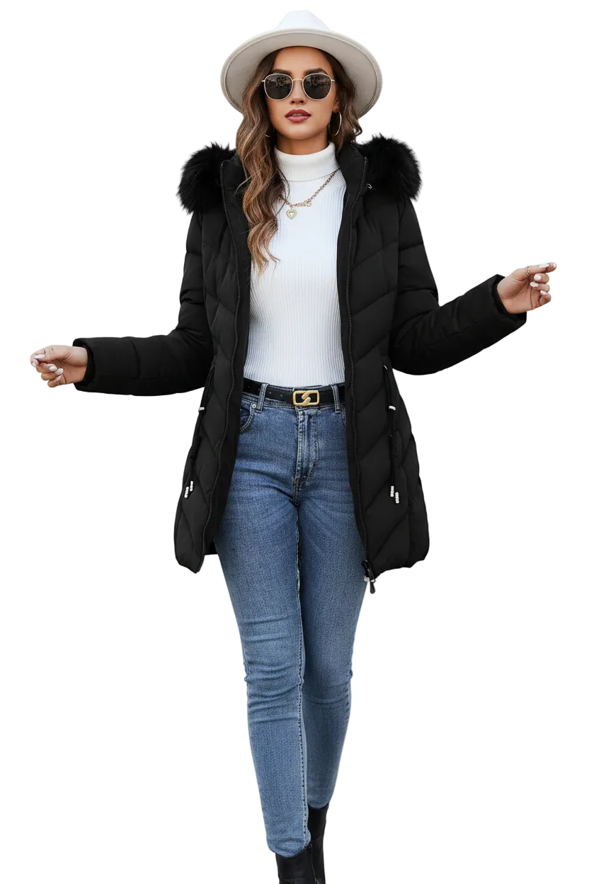 A woman modeling a black quilted winter coat with a faux-fur trimmed hood, worn over a white ribbed turtleneck, blue skinny jeans, and a white wide-brim hat against a plain white background.